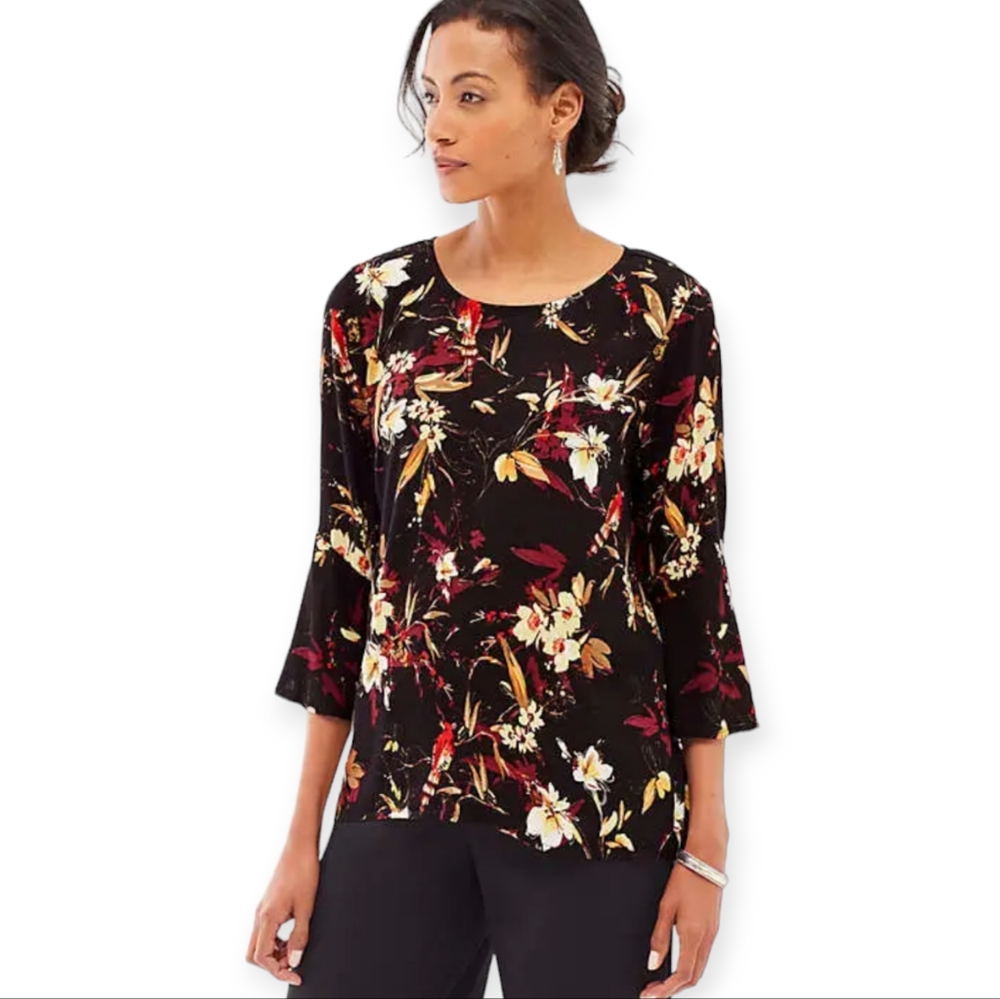 J Jill Women's Floral  Multicolor 3/4 Sleeve  Rayon Top